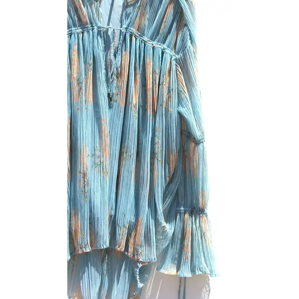 Free People Dahlia Tunic Dress Top – Blue Sheer Floral – Long Sleeve – Women’s M